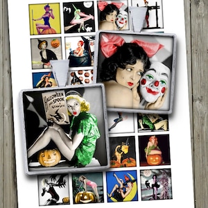 Halloween Pin Ups Square Images for Pendants 1x1&quot; 1.5x1.5&quot; Printable Images Digital Collage Sheet - Instant Download