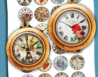 May include: A gold-toned pocket watch with a white face and black Roman numeral hour markers. The watch has a floral design with red and white roses. The watch is on a chain and surrounded by 15 smaller round clocks with various designs.