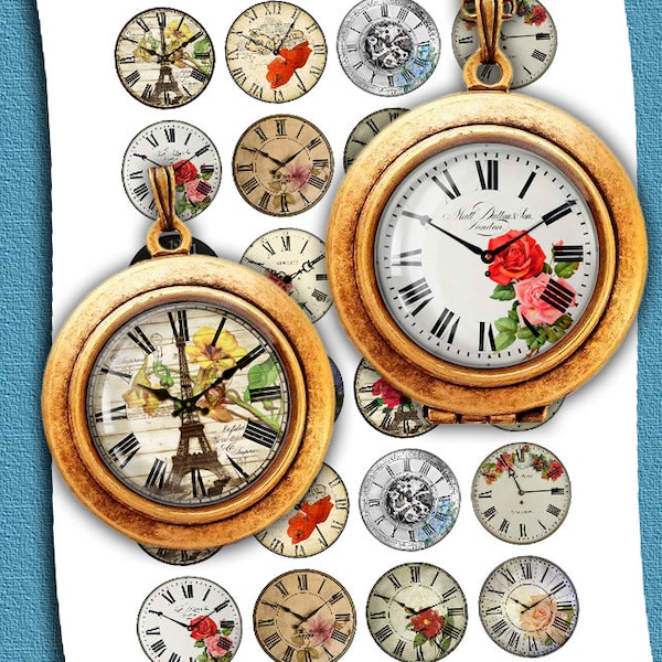 Clock Faces Circle images 12mm, 14mm, 16mm, 18mm for Jewelry Making Digital Collage Sheet - Instant Download