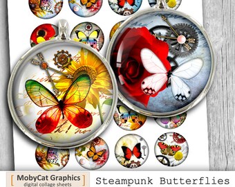 Steampunk Butterflies 20mm 25mm 30mm 1.5" 1" for Bottlecaps Scrapbooking Cabochons Printable Digital Collage- Instant Download