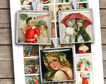 May include: A set of three vintage Christmas-themed glass cabochons featuring children in various holiday scenes. The cabochons are square and have a silver-toned metal frame. The first cabochon shows two children, one in a red coat and the other in a white dress, standing in front of a Christmas tree. The second cabochon shows two children walking under a red umbrella. The third cabochon shows a girl with a wreath of holly in her hair.