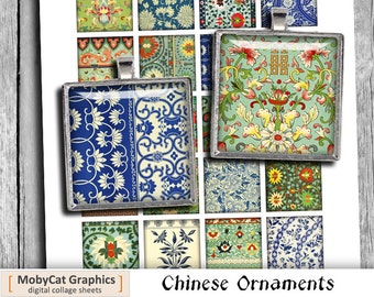 Chinese Ornaments 1x1 inch, 1.5x1.5 inch Square images for Jewelry Making Digital Collage Sheet -  Instant Download