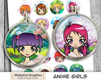 Anime Manga Girls 1 Zoll 25mm 30mm 1,5 Zoll druckbare Kreise für Cabochons Schmuckherstellung digitale Collage - Instant Download