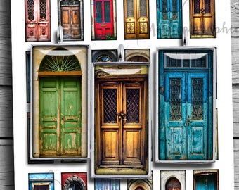 Imagens retangulares para impressão de portas antigas de 1 x 2 polegadas Domino Images Folha de colagem digital de portas rústicas - download instantâneo