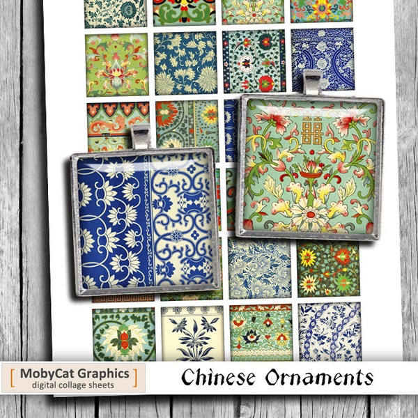 Chinese Ornaments 1x1 inch, 1.5x1.5 inch Square images for Jewelry Making Digital Collage Sheet -  Instant Download