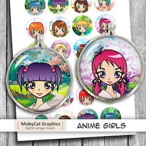 アニメマンガガールズ 1 インチ 25 mm 30 mm 1.5 インチ 印刷可能な円 カボション ジュエリー作成 デジタルコラージュ - 即時ダウンロード