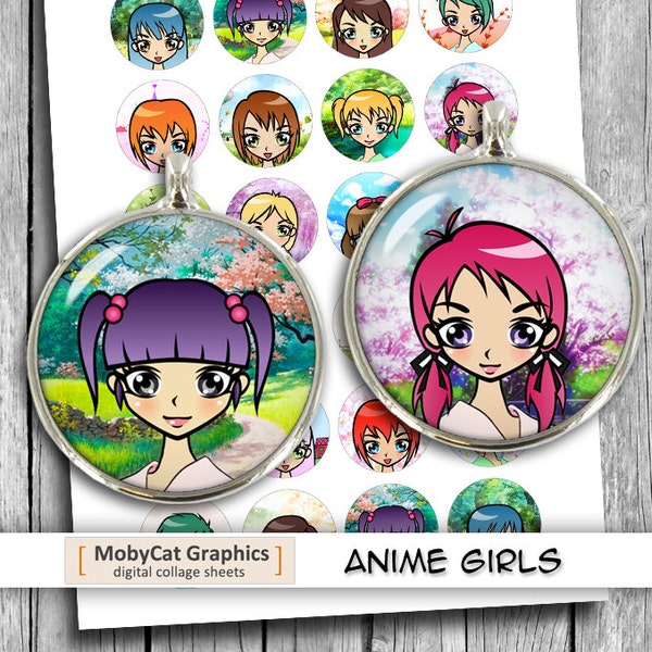 Anime Manga Girls 1 inch 25mm 30mm 1.5 inch Printable Circles for Cabochons Jewelry Making Digital Collage- Instant Download