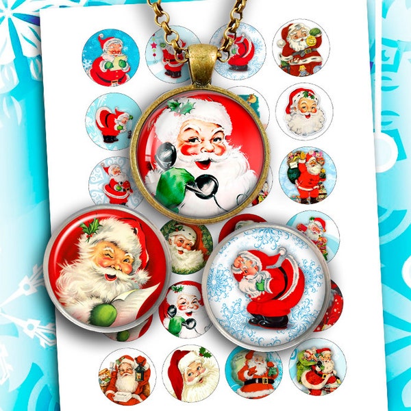 Retro Santa Claus Printable circle Images for Scrapbooking Bottle caps, Pendants Digital Collage Sheet Instant Download