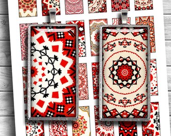 May include: A sheet of paper with 16 rectangular images of red, white, and black patterned designs. Two of the images are framed in silver and have a silver bail for hanging.