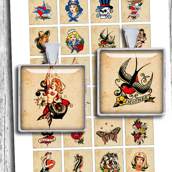 Retro Tattoos Sailor Jerry 1x1" 0.75x0.83" 1.5x1.5" for Jewelry Making Printable Digital Collage Sheet - Instant Download