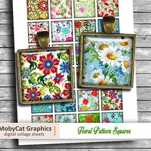 Floral Patterns Square Digital Collage Sheet 1x1"  1.5x1.5"  Square Images Printable Images for Cabochons - Instant download