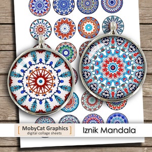 May include: Two round pendants with intricate mandala designs in red, blue, and white, displayed with a sheet of similar designs. The pendants have silver-colored metal settings. The sheet has the text "MobyCat Graphics" and "Iznik Mandala".