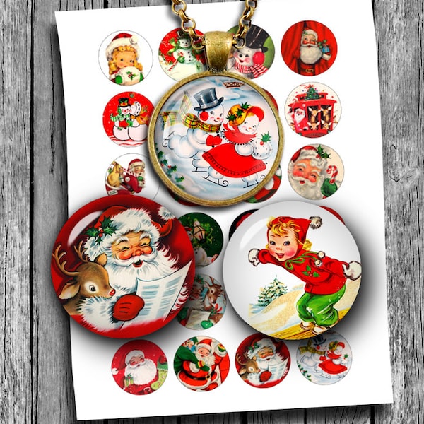 Vintage Christmas Printable circle Images for Scrapbooking Bottle caps, Pendants Digital Collage Sheet Instant Download