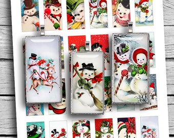 Printable Retro Snowman Vintage Frosty 1x2 inch Domino images for Scrapbooking Pendants Digital Collage Sheet - Instant Download