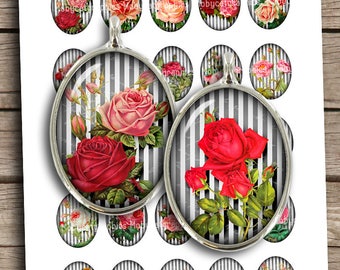 May include: A sheet of printable paper with 12 oval-shaped images of roses on a striped background. The roses are red, pink, and white.