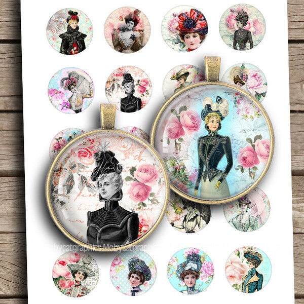 Belle Epoque Fashion Ladies 1 inch 25mm 1.25 inch 1.5 inch Round Digital Cabochon Digital Collage Sheet