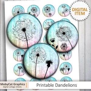Dandelion Silhouettes Digital Collage Sheets 10mm 12mm 14mm 16mm 18mm for bottlecaps, cabochons, Scrapbooking Digital Round Art