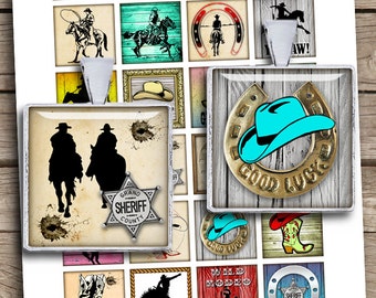 Cowboys printable Squares 1x1" 0.75x0.83" 1.5x1.5" for Jewelry Scrabble tile images Wild West Digital Collage Sheet - Instant Download