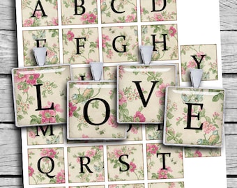 May include: A set of alphabet tiles with a floral pattern. The tiles spell out the word "LOVE".