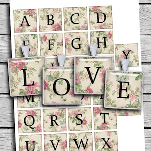 Floral Alphabet Platz Bilder 0.75x0.83 Zoll, 1 x 1 Zoll und 1.5x1.5 Zoll druckbare Bilder für Scrapbooking Anhänger digitale Collage Blatt