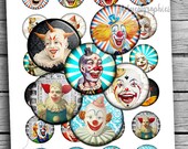Circus Clowns 20mm 25mm 1 inch 30mm 1.5 inch Printable Cabochon images Digital Collage Sheet Vintage Scary Clowns Ephemera