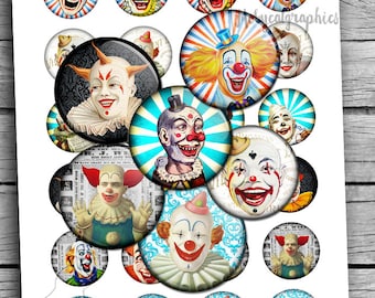 Circus Clowns 20mm 25mm 1 inch 30mm 1.5 inch Printable Cabochon images Digital Collage Sheet Vintage Scary Clowns Ephemera