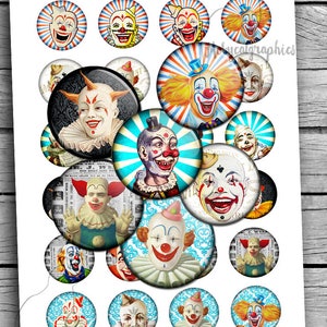 Circus Clowns 20mm 25mm 1 inch 30mm 1.5 inch Printable Cabochon images Digital Collage Sheet Vintage Scary Clowns Ephemera