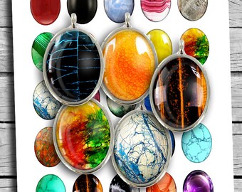May include: A collection of oval pendants with various designs and colors, including blue, orange, and multicolored patterns. The pendants have silver-colored metal settings and are displayed on a white surface.