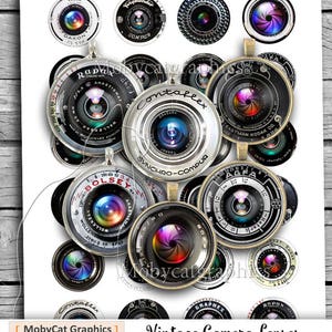 Vintage Camera Lenses 2.25 inch 1.313 inch 30mm 20 mm 1 inch 25 mm 16mm 1.5 inch Printable Circle Images Digital Collage Sheet