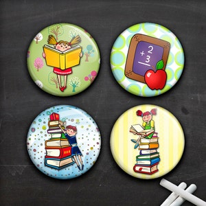 Hoja de collage digital para niños de la escuela, de 1 pulgada y 1,5 pulgadas, imágenes circulares imprimibles para colgantes de vidrio y tapas de botellas. Descarga instantánea