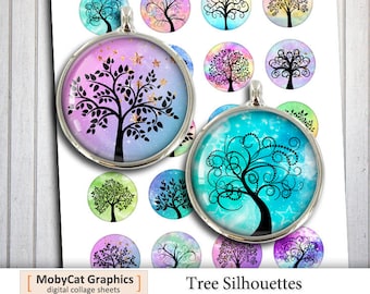 Baum Silhouetten Digital Collage Sheet 1 Zoll 25 mm 20 mm 1,5 Zoll Baum des Lebens Digital Cabochon Bilder