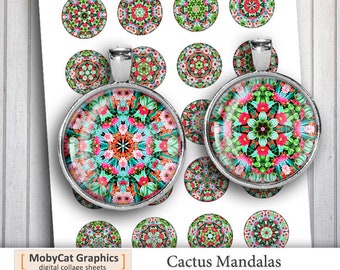 Cactus Mandalas 20mm 25mm 1 inch 1.5 inch Printable Images Digital Collage Sheet for Bottlecaps Scrapbooking Cabochons Printable Download