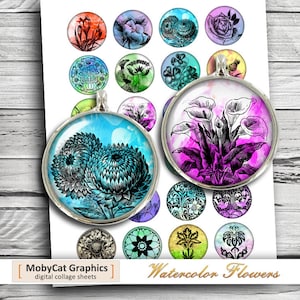 Aquarell Blumen Kreis Bilder für Cabochons, Kappen Flasche 25mm 1&quot; 30mm 1,5&quot; Digital Collage Sheet - Instant Download