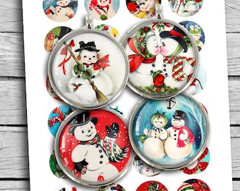 Printable Retro Snowman 1 inch 25mm 30mm 1.5 inch Round images for Scrapbooking Planner Stickers Magnets Digital Collage Sheet
