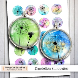 Dandelion Silhouettes 20 mm 25 mm 30mm 1" 1.5" Digital Cabochon Bottlecap images