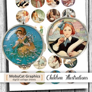 Children Illustrations Circles 1&quot; 25mm 30mm 1.5&quot; Darling Kids Digital Collage Sheet for Cabochons Bottlecaps- Instant Download