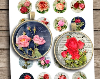 Shabby Roses Digital Collage Sheet 20mm 25mm 30mm 1inch 1.5 inch Printable Round images for Pendant trays Bottlecap images