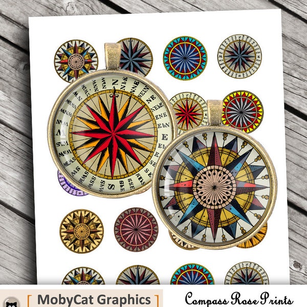 Compass Rose Prints 20mm 1 inch 25mm 30mm 1.5 inch Printable Circle Images Digital Cabochon Digital Collage Sheet