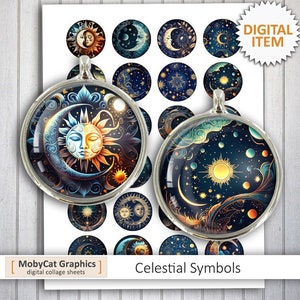 Celestial Symbols Printable Download 12mm 14mm 16mm 18mm 20mm for Earrings, Cabochon Pendants, Magnets Digital Collage Sheet