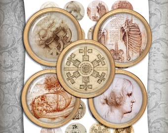 Leonardo Da Vinci 20mm 25mm 30mm 1 inch 1.5 inch  Printable Round Images for Pendants, Cabochons, Scrapbooking Digital Collage Sheets