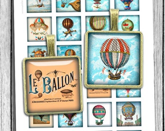 Hot Air Balloons 0.75x0.83 1x1 1.5x1.5 7/8x7/8 inch Printable Squares Steampunk balloons Digital Collage Sheet - Instant Download