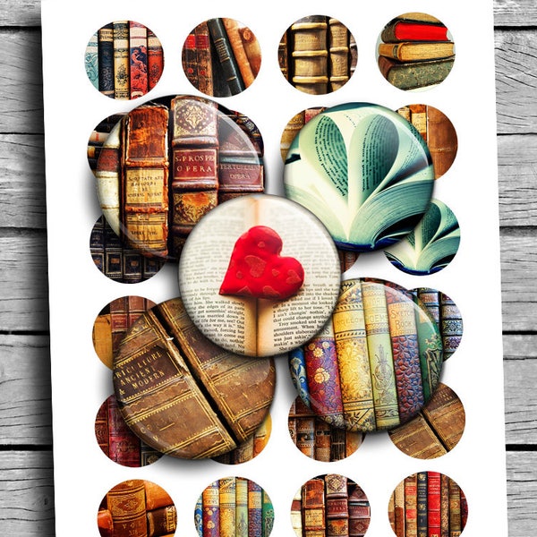 Old Books Digital Collage Sheet 18mm 25mm 1 inch 1.5 inch round printable images for Bottlecaps Pendants Digital Cabochon