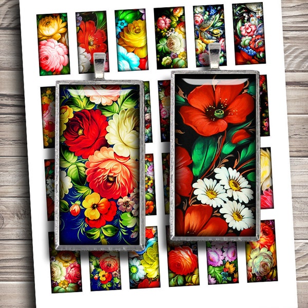 Russian Floral Art 0.75x1.5"  1x2" Zhostovo Domino printable images for Pendants Digital Collage Sheet