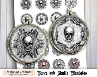 Ben- och dödskallarmandalas 2,5 cm 20 mm 25 mm 3,8 cm Mörka ockulta Halloween-cirklar Digitala collageark Utskrivbara cabochoner med kapsyler