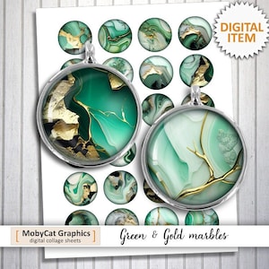 May include: A digital collage sheet of 16 green and gold marble designs. The sheet is perfect for creating custom bottle caps, coasters, or other crafts.