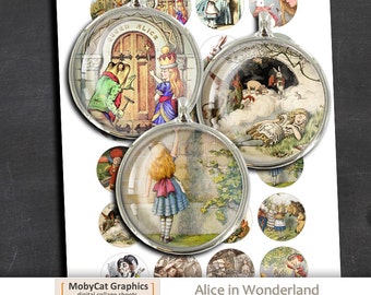 Alice in Wonderland 40mm 25mm  1 inch 30mm 1.5 inch Printable JPGs Digital Collage Sheet Instant Download