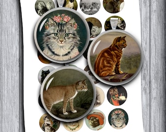 Vintage Cats - Digital Collage Sheet 20 mm 1 inch,1.5 inch Printable Circle images for Pendants, Bottle caps - Instant Download