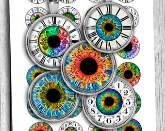 Clock Eyes 20 mm 25 mm 30 mm 1 inch 1.5 inch Printable Round images Digital Collage Sheet Printable Download