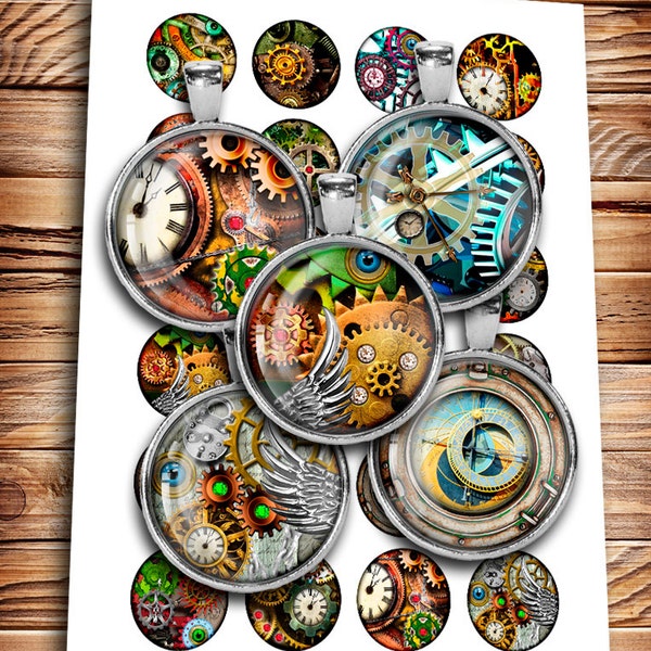 Steampunk Time 25mm 20mm 1 inch 30mm 1.5" Digital Collage Sheet for Bottlecaps Scrapbooking Cabochons Printable Download