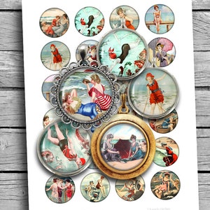Seaside Beauties Digital Collage Sheet Printable Circles 25mm 1&quot; 1.25&quot; 30mm 1.5&quot; for Scrapbooking Planner Stickers Magnets Digital Download